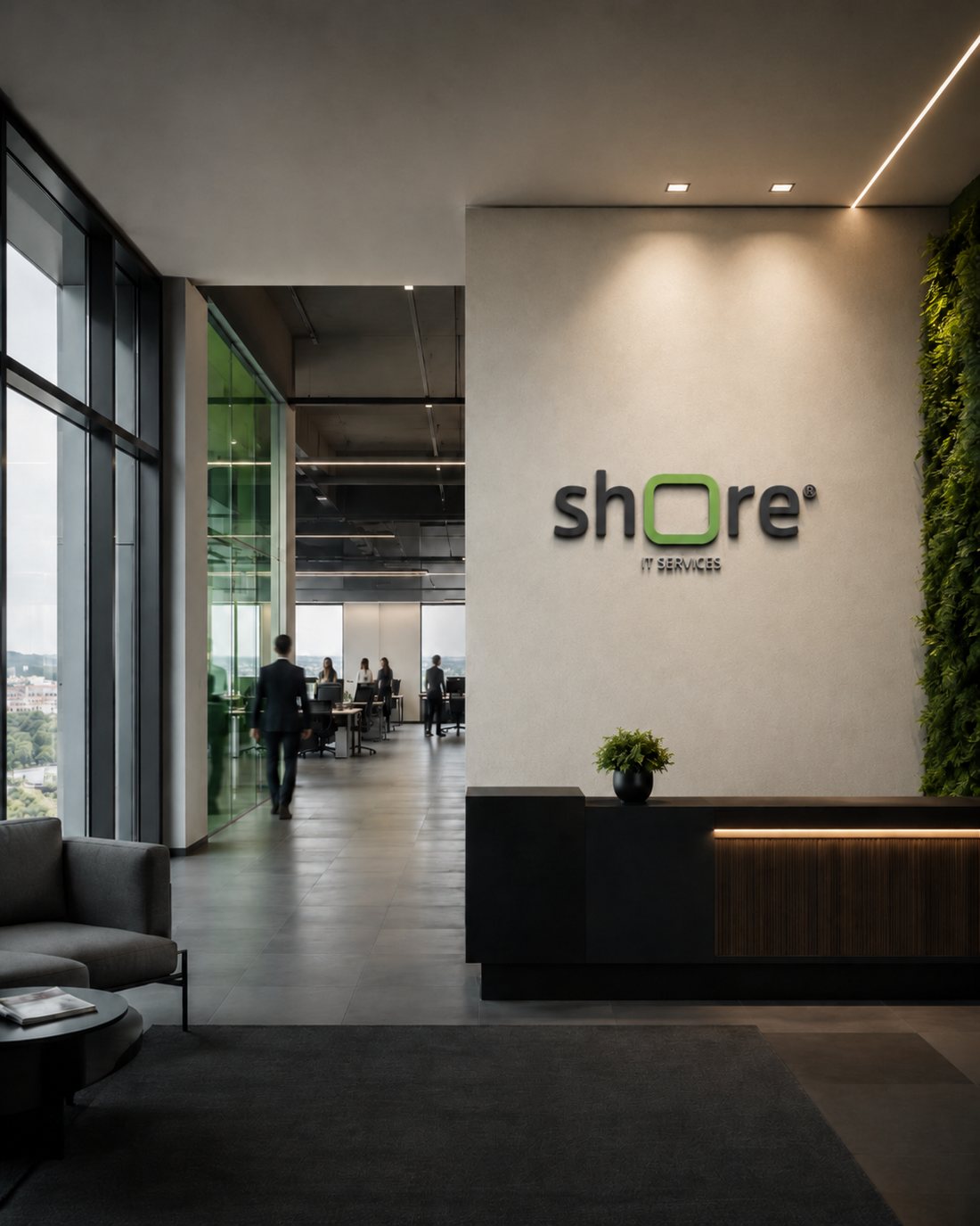 Receção de escritório moderno com o logótipo Shore na parede